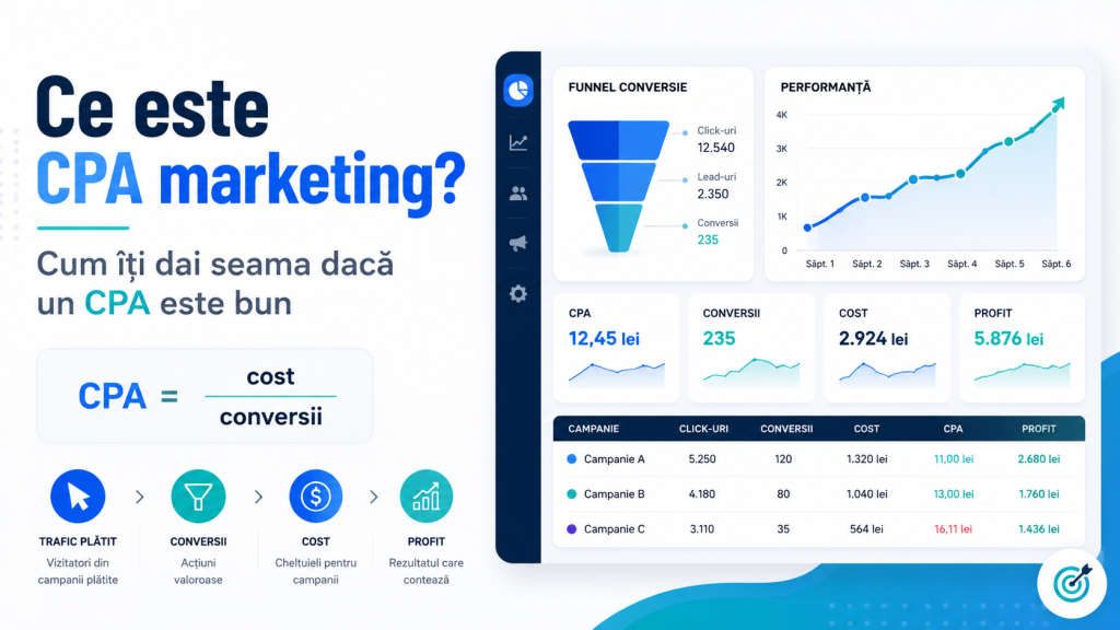 e este CPA marketing – infografic cu formula de calcul și indicatori pentru cost, conversii și profit